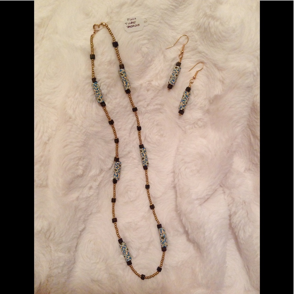 NEW Fimo tube bead necklace and matching earrings